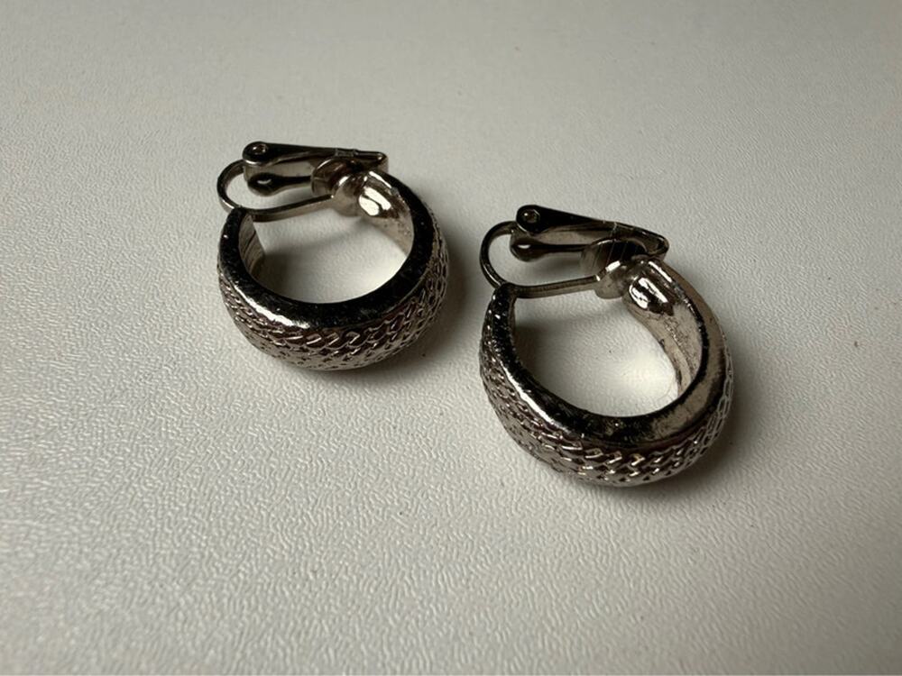 Vintage textured clip on silver hoops